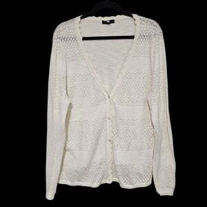 Frye XXL Cream Cardigan Sweater‎ Pointelle Knit Scalloped V-Neck Cotton Boho